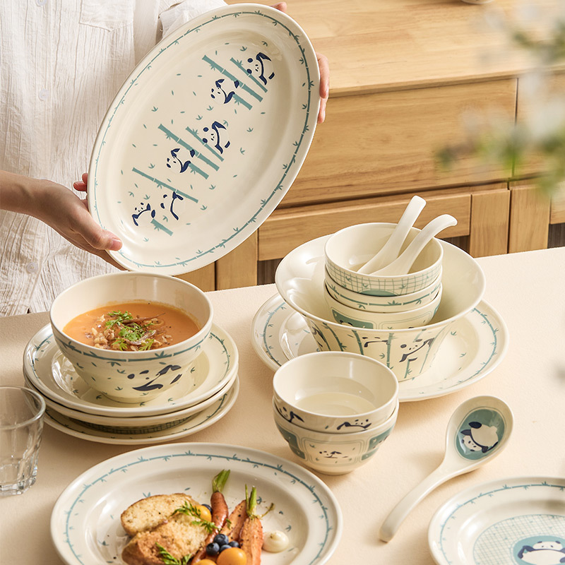 Bát đĩa bộ đồ ăn gấu trúc dễ thương giá trị cao bát đĩa món ăn bát cơm gốm sứ gia dụng bát canh lớn bát đĩa cá bộ đĩa