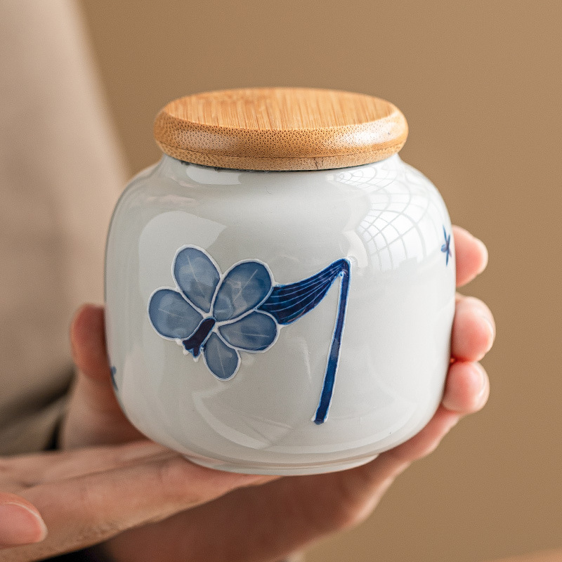 Lọ trà gốm sứ chạm nổi vẽ tay, bình rỗng cầm tay, bình đựng trà, bình kín, bình chống ẩm, bình đựng trà