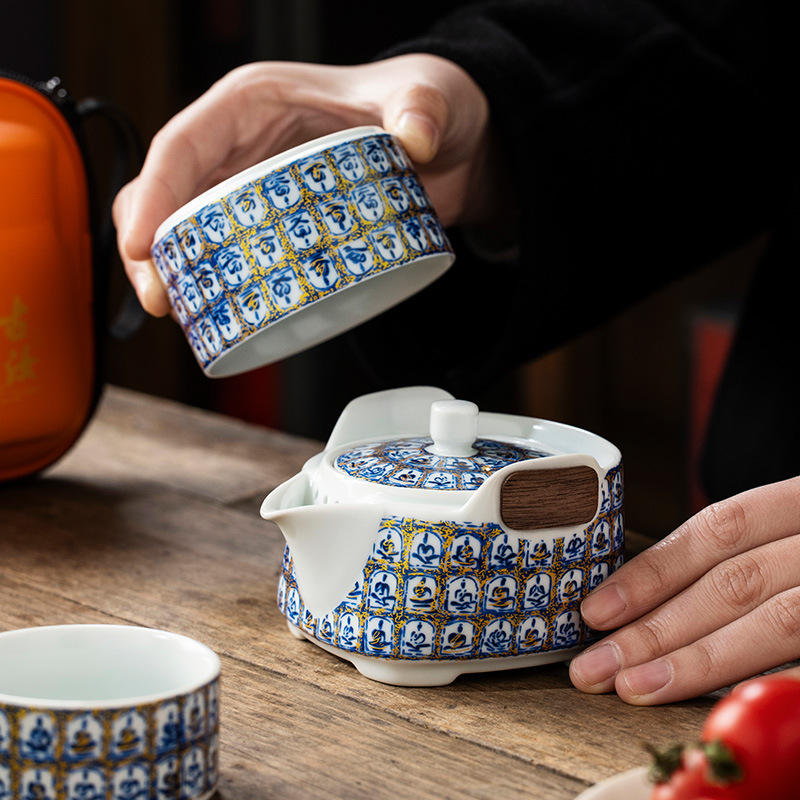 Bộ trà du lịch gốm sứ bộ trà kungfu tráng men soda cầm tay gia dụng du lịch cốc nhanh cốc trà bát có nắp ngoài trời