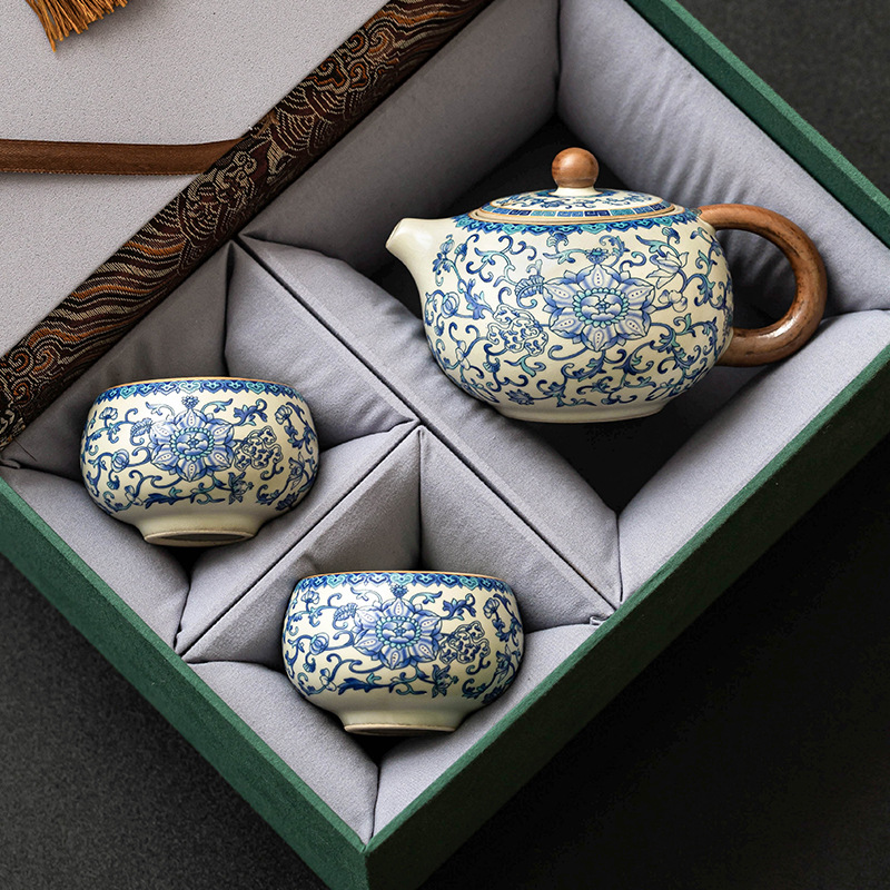Bộ ấm trà sang trọng nhẹ Ruyao hộp quà tặng ấm trà hoa sen xanh trắng