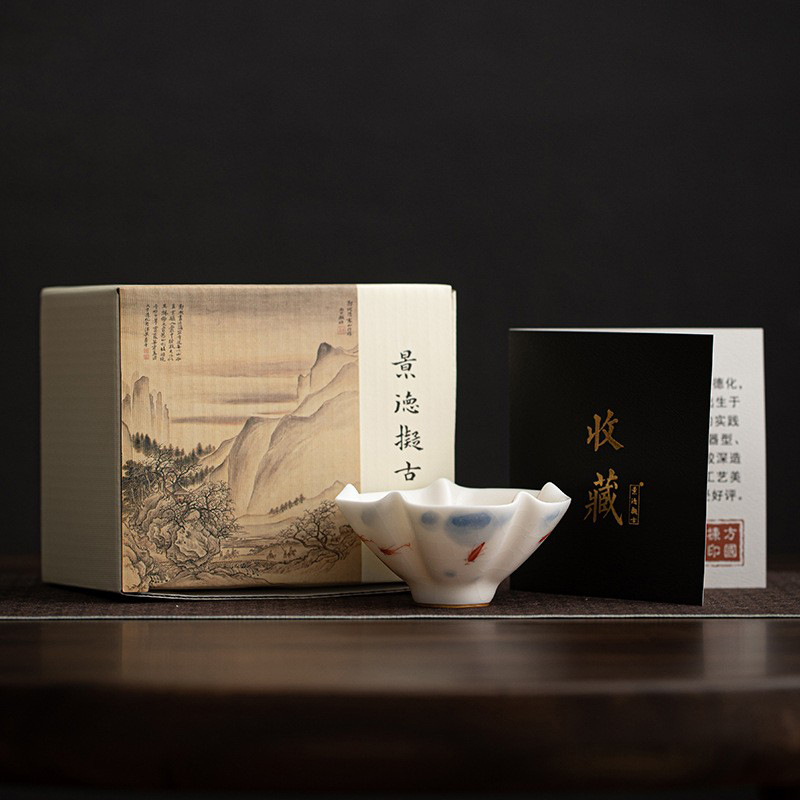 Cốc chủ nhân cao cấp Yuebai Ru Kiln Bộ trà Kung Fu đơn tráng men màu vẽ tay cá nhỏ tách trà lưu niệm