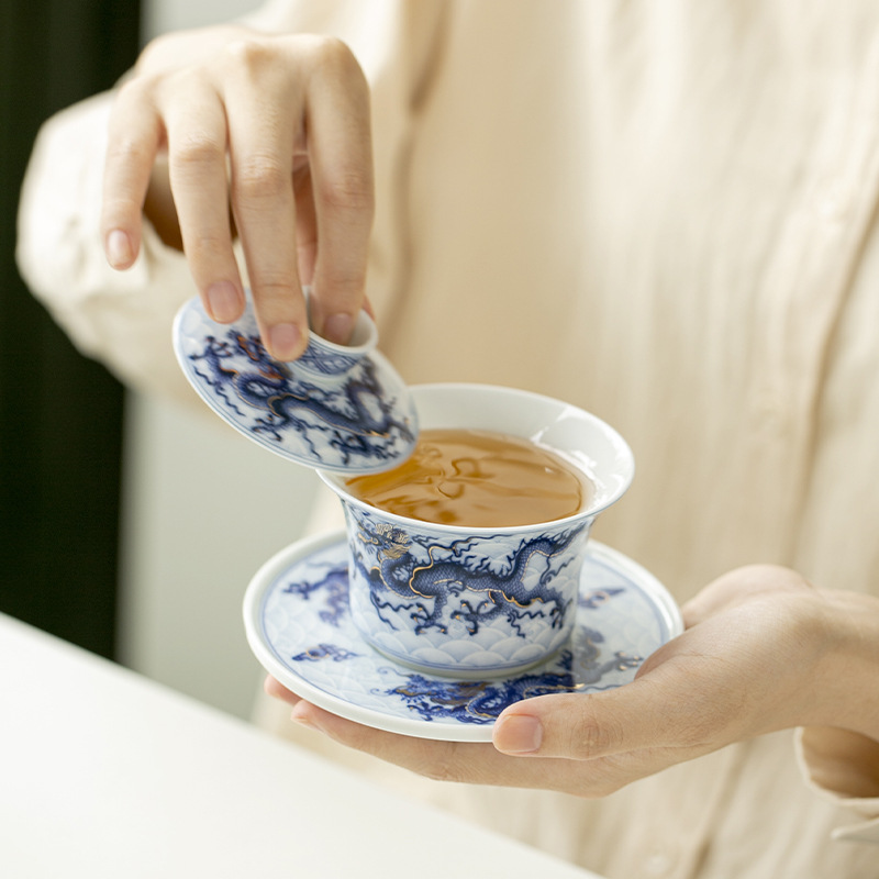 Bát có nắp tam tài hoa văn rồng sai vàng bạc xanh cổ dụng cụ pha trà công phu gốm sứ giá sỉ bộ pha trà cao cấp gia dụng