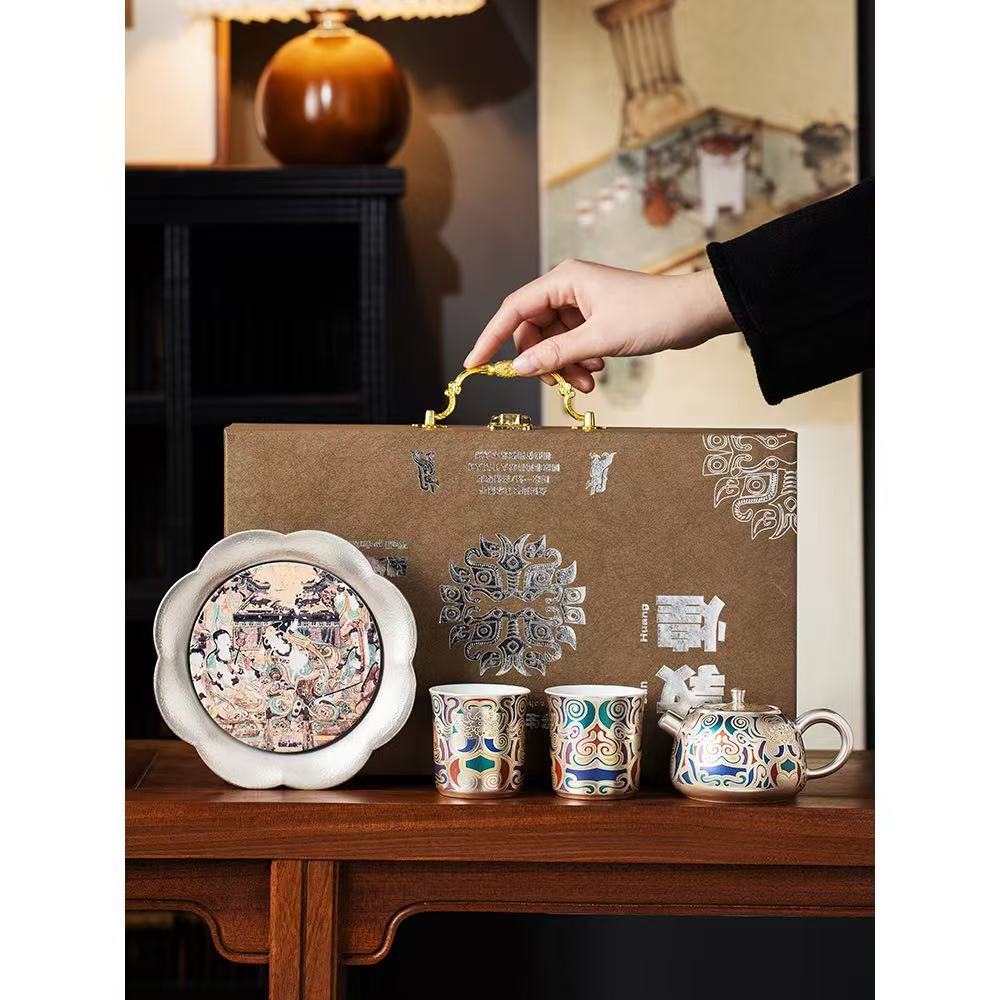 Bộ ấm trà văn hóa và sáng tạo bằng bạc Đôn Hoàng, quà tặng cho người lớn tuổi, quà tặng công ty cho giáo viên, quà tặng doanh nghiệp cho người nước ngoài