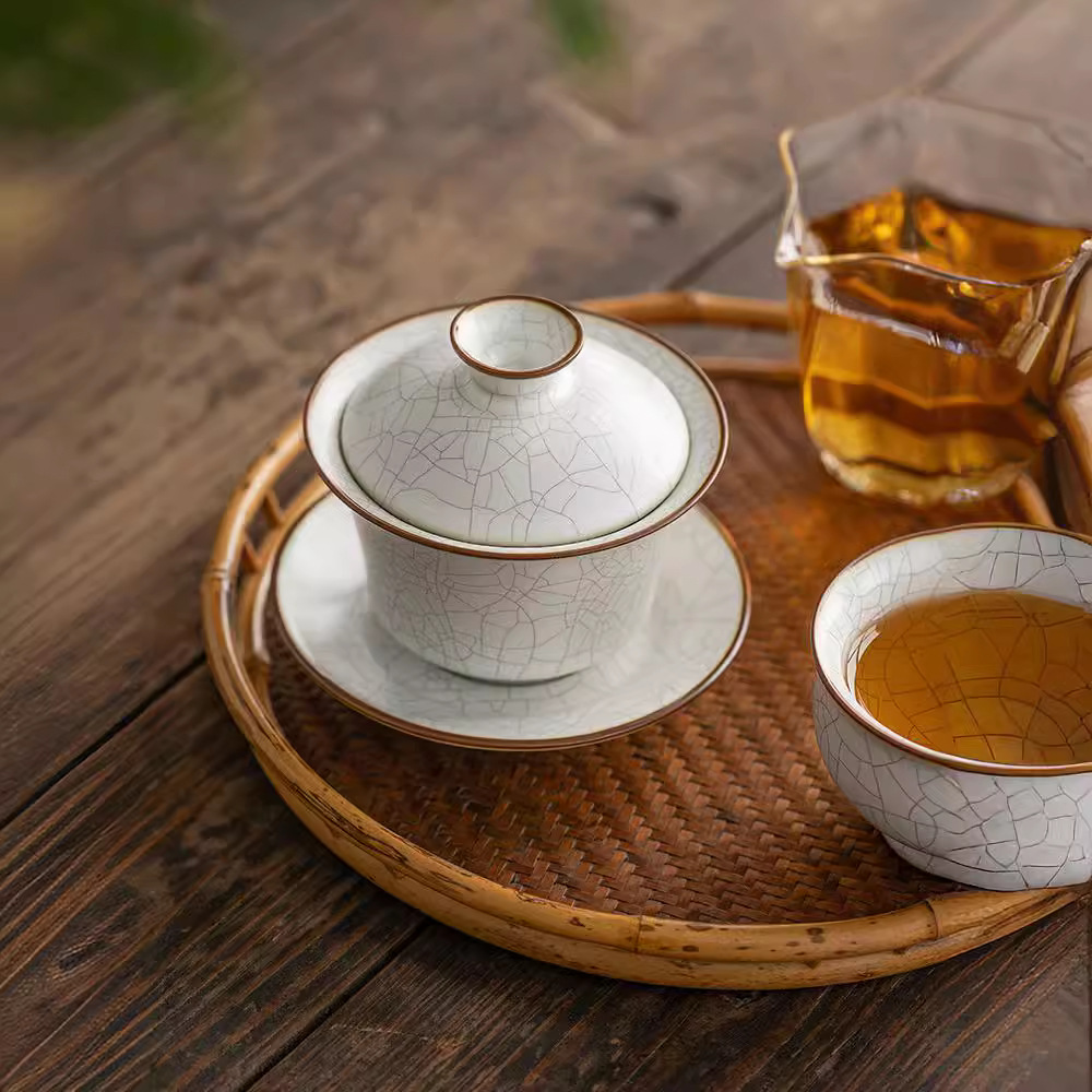 Bát có nắp lò Yuebai Ru Cốc trà gốm sứ nứt đá Bộ trà trà Kung Fu lớn có nắp Một Bát Trà Tam tài