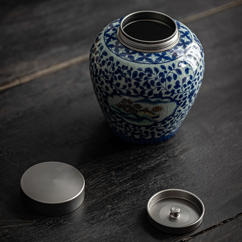 Hộp đựng trà bằng gốm sứ dùng trong gia đình HYT32659, hộp đựng trà Phổ Nhĩ, bình Ruyi dạng ống thẳng để bảo quản trà