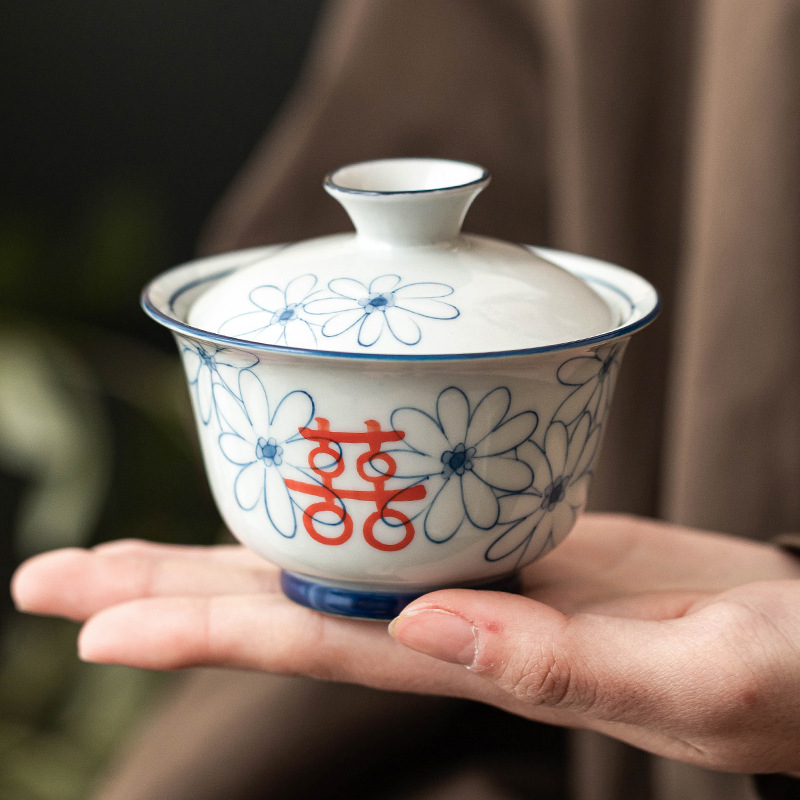 Bát có nắp tinh xảo màu xám thực vật, bát pha trà đôi hạnh phúc cúc họa mi vẽ tay, cốc trà gia dụng có nắp, bộ trà Kung Fu cỡ nhỏ