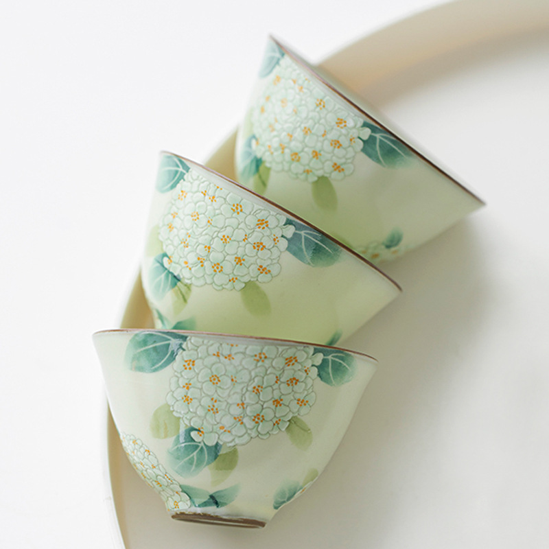 Cốc trà hoa cẩm tú cầu màu vàng be cốc chủ nhân cốc sứ Ru cốc đơn cá nhân gốm sứ Kung Fu cốc trà nhỏ cốc khách cốc nếm trà