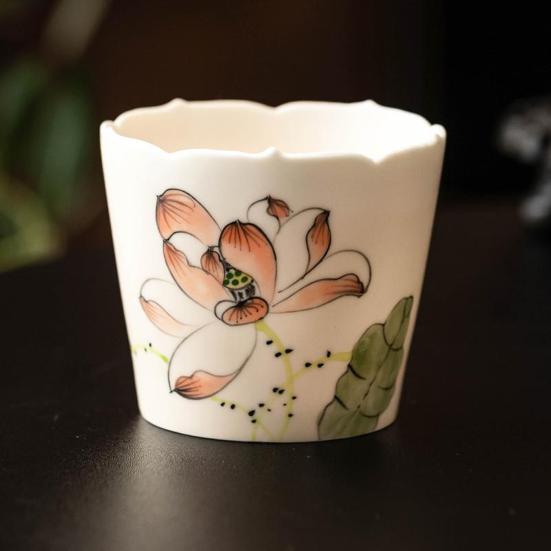 Cốc chủ nhân cao cấp, cốc miệng hoa sen ống xiên vẽ tay, cốc trà Kung Fu, cốc trà gia dụng gốm sứ cỡ lớn