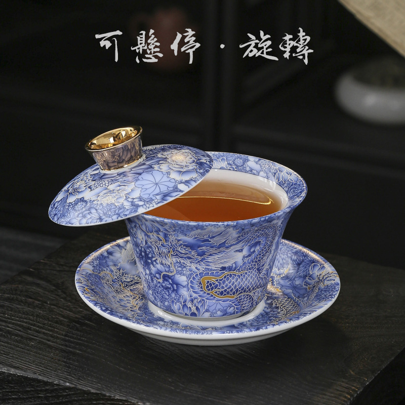 Cốc trà Bát nắp tam tài bạc cloisonné Bộ ấm trà Kungfu mới kiểu Trung Quốc xoay có thể di chuột, Bát pha trà cao cấp gia dụng