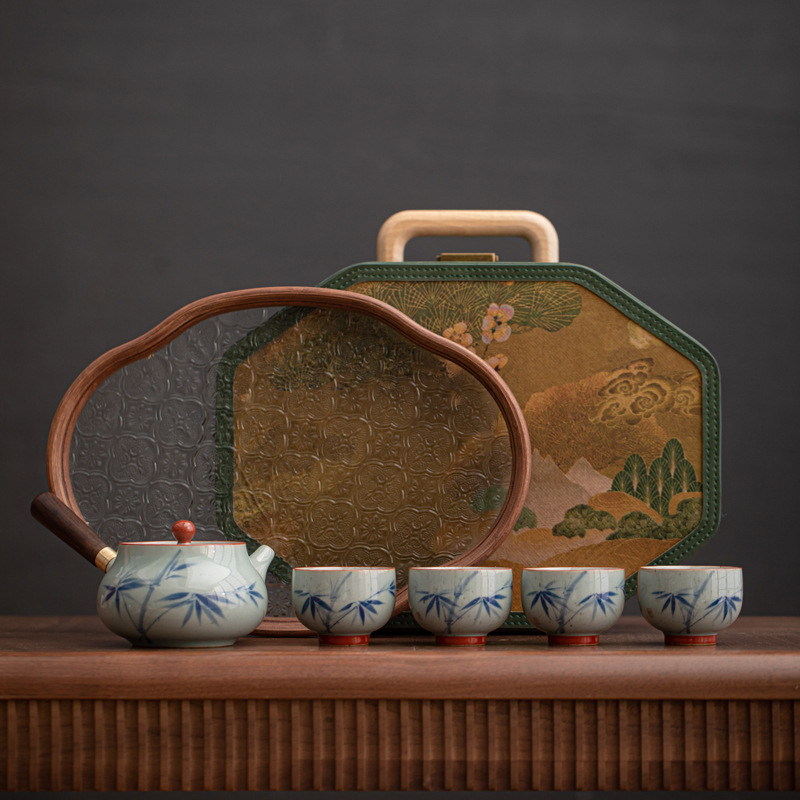 Bộ ấm trà Ru Kiln kiểu Trung Quốc, chén trà Kung Fu gốm sứ gia dụng, khay trà, hộp quà tặng trọn bộ cho khách văn phòng