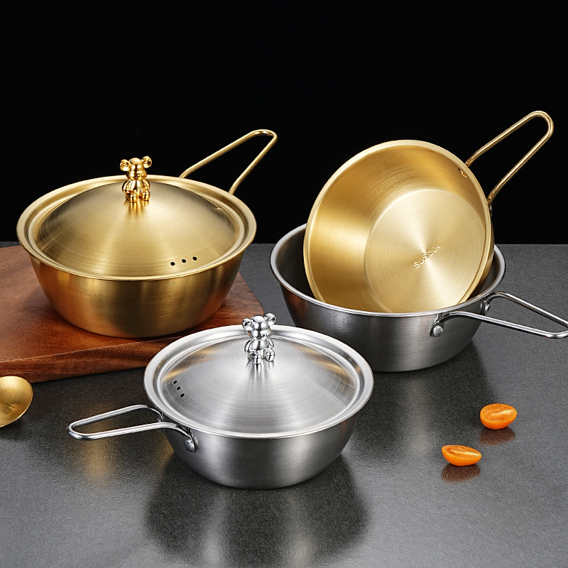 Bát rượu gạo hai tai Hàn Quốc Nồi mì ăn liền inox 304 có nắp Golden Bear Snack Rack Snack Bát salad