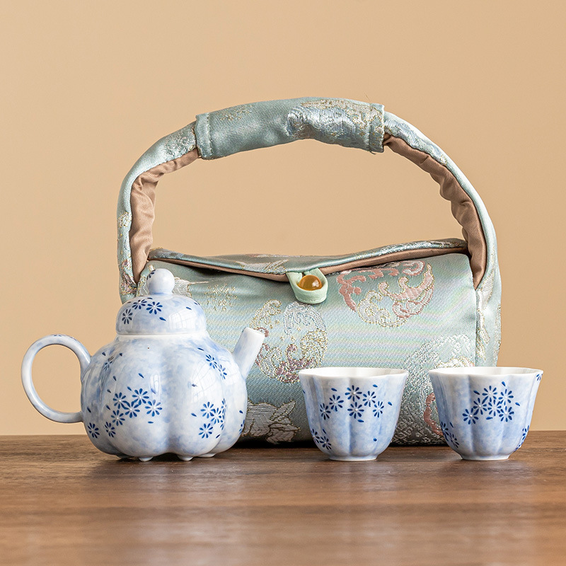 Bộ ấm trà du lịch Bộ ấm trà Bộ ấm trà Hoa cúc xanh Rải trà một ấm hai cốc Túi du lịch xách tay Bộ nhỏ pha trà
