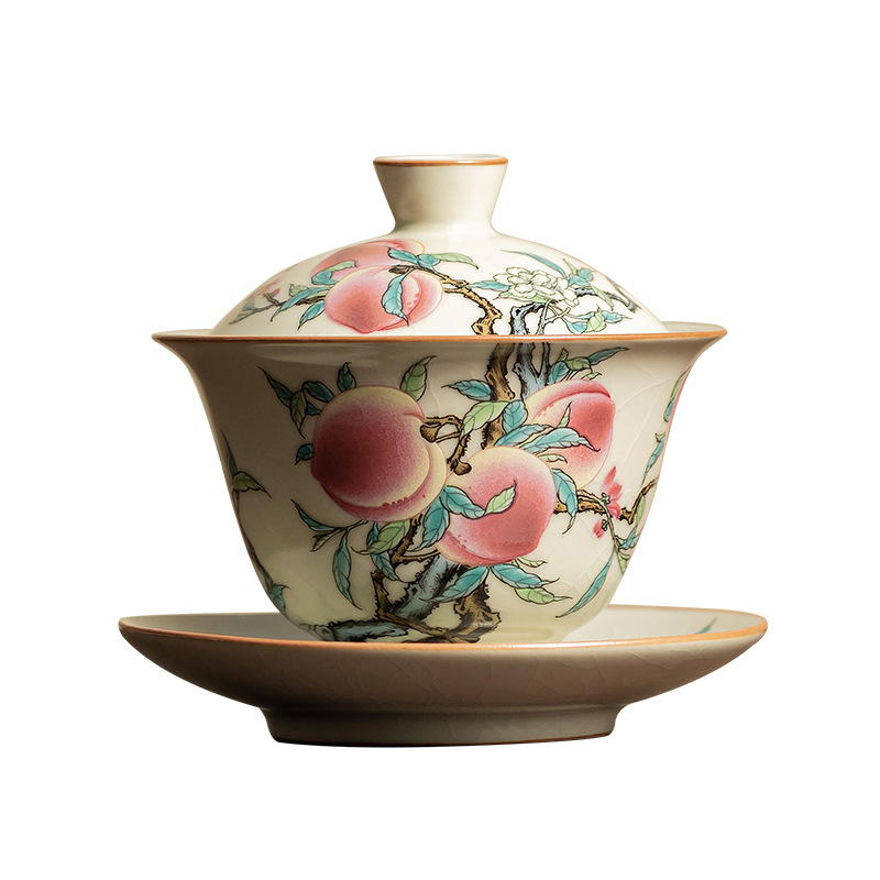 Ruyao Nine Peach Sancai Bát có nắp, tách trà sáng tạo kiểu Trung Quốc, bát trà có thể giữ không nóng, bộ trà Kung Fu, hộp quà