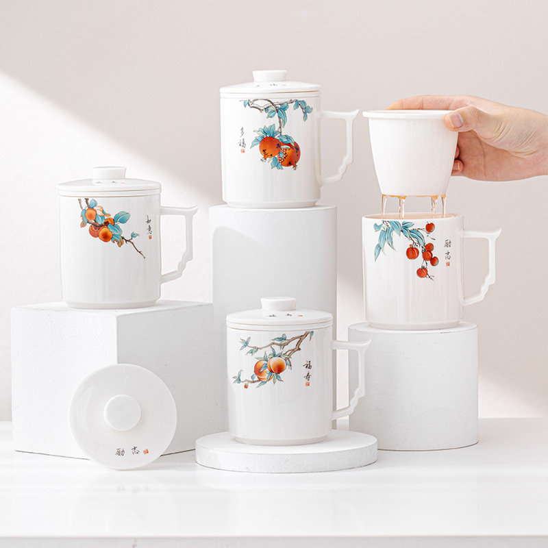 Cốc trà gốm sứ ngọc bích mỡ cừu Cốc văn phòng chuyên dụng cá nhân cốc trà sứ trắng Có Nắp Cốc pha trà tách nước