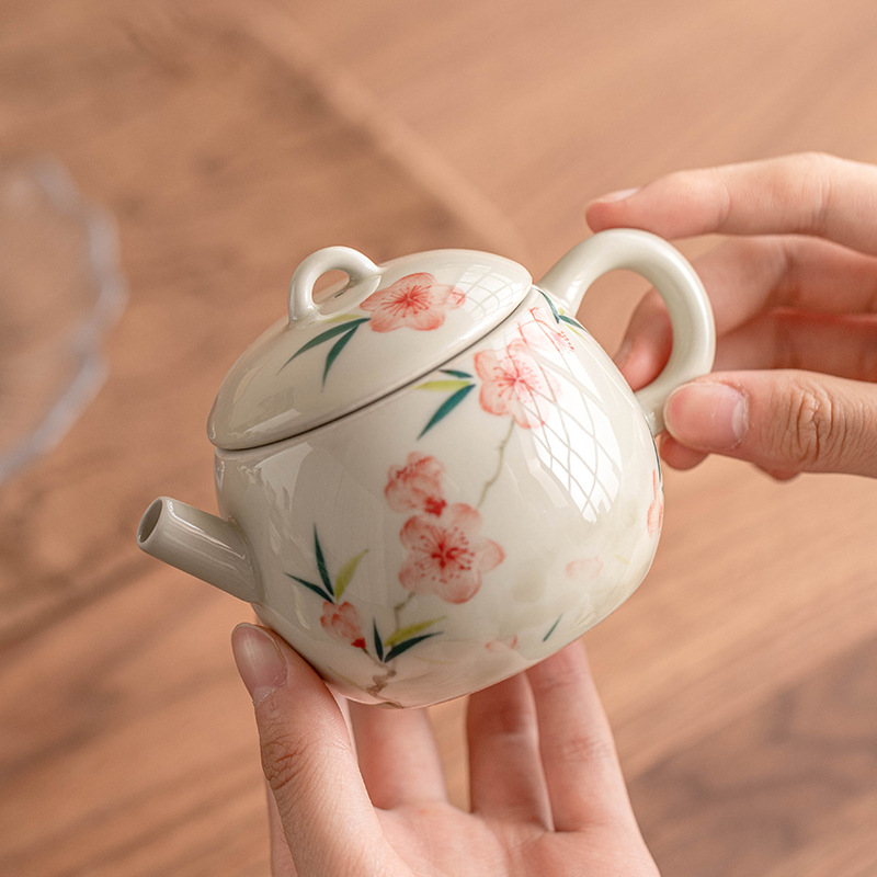Ấm trà hình bông hoa đào vẽ tay ấm trà đơn nhỏ gốm sứ cao cấp bộ trà Kung Fu ấm trà đơn có bộ trà lọc