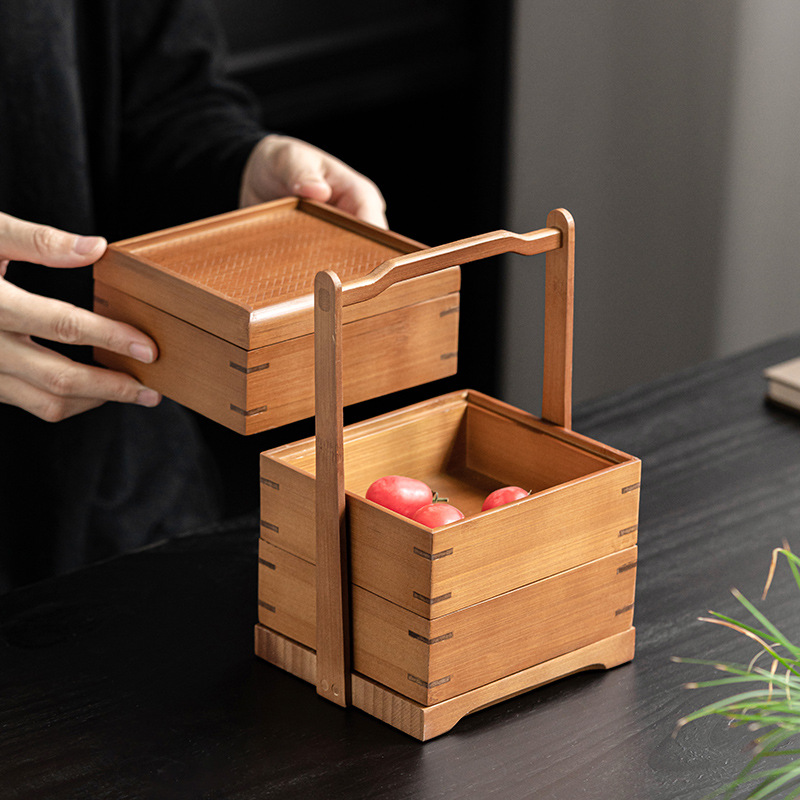 Giỏ xách tay ba lớp tre cổ điển Trung Quốc hộp lưu trữ cắm trại ngoài trời di động Hộp quà trái cây đồ ăn nhẹ hộp gỗ