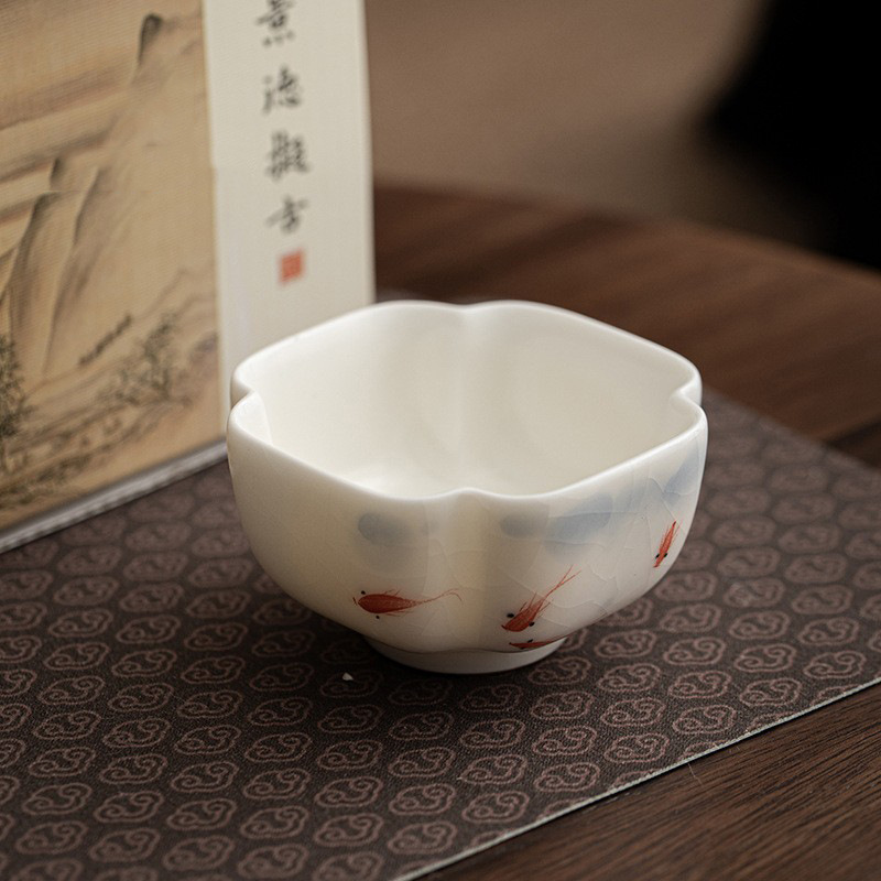 Cốc trà sứ trắng cao cấp, bộ trà kungfu, cốc chủ lò Ru, chén trà đơn, sứ vẽ tay, quà lưu niệm cá