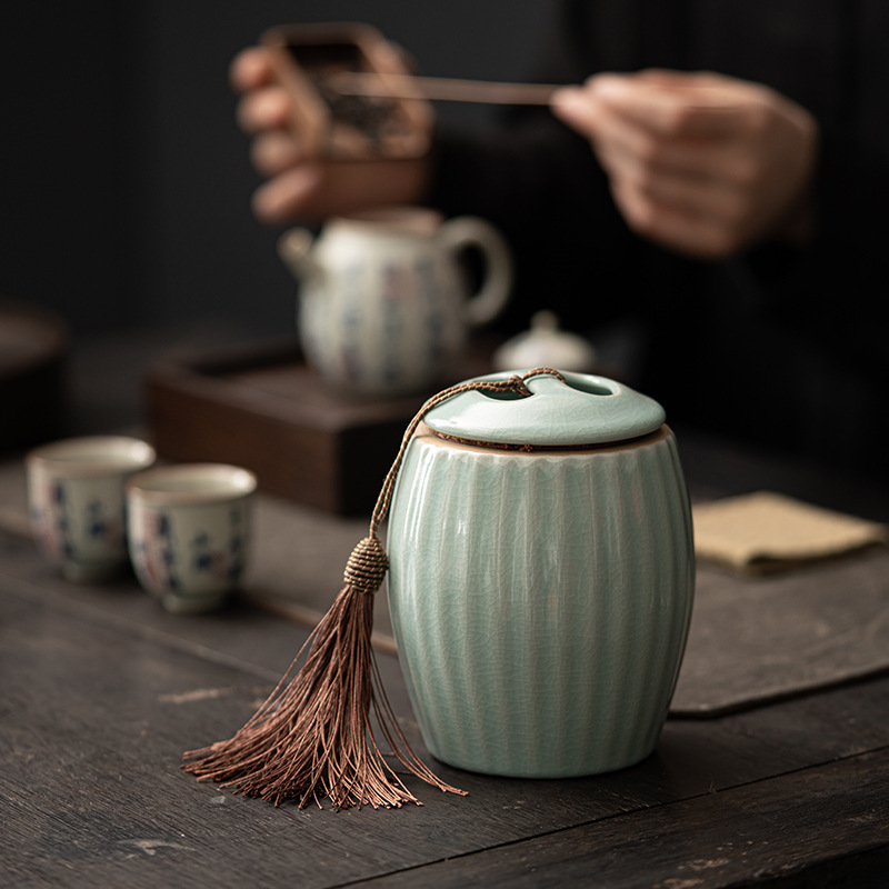 Hộp đựng trà, lọ đựng trà bằng gốm sứ kín, họa tiết vân nứt Zen wing của lò Ru, hộp đựng trà đặc biệt dành cho trà đen và trà đá.