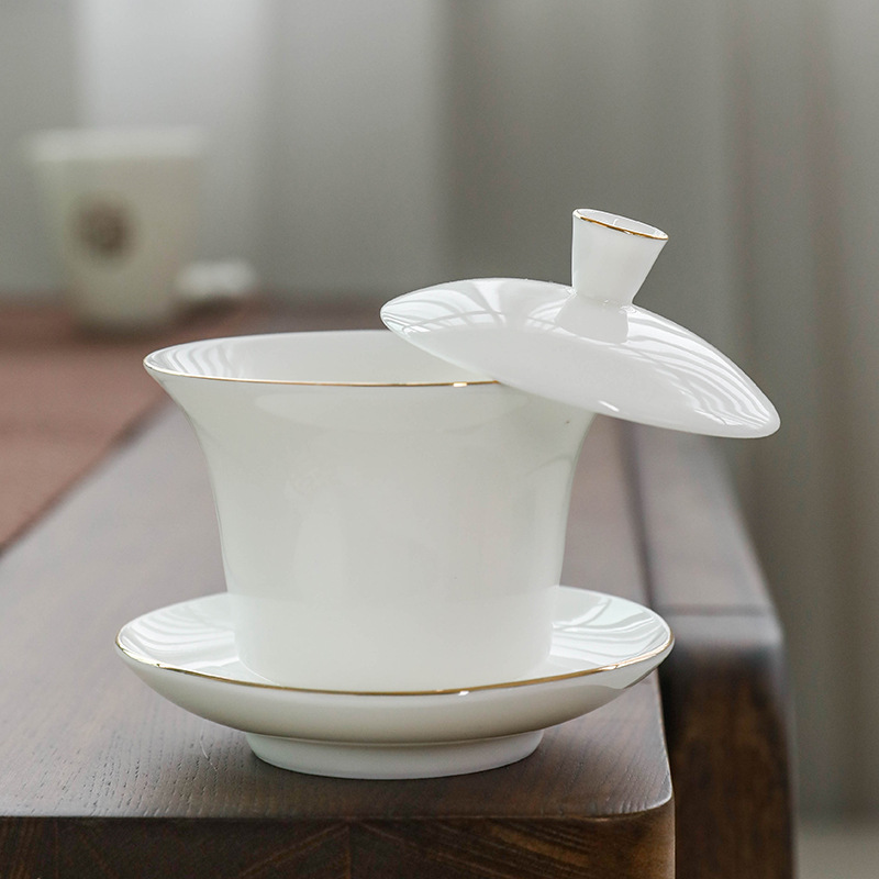 Bộ bát chén sứ trắng Đức Hoa, chất liệu ngọc béo, kiểu dáng ba tài, bát đơn, bộ ấm chén trà Kung Fu gia dụng, bán buôn.