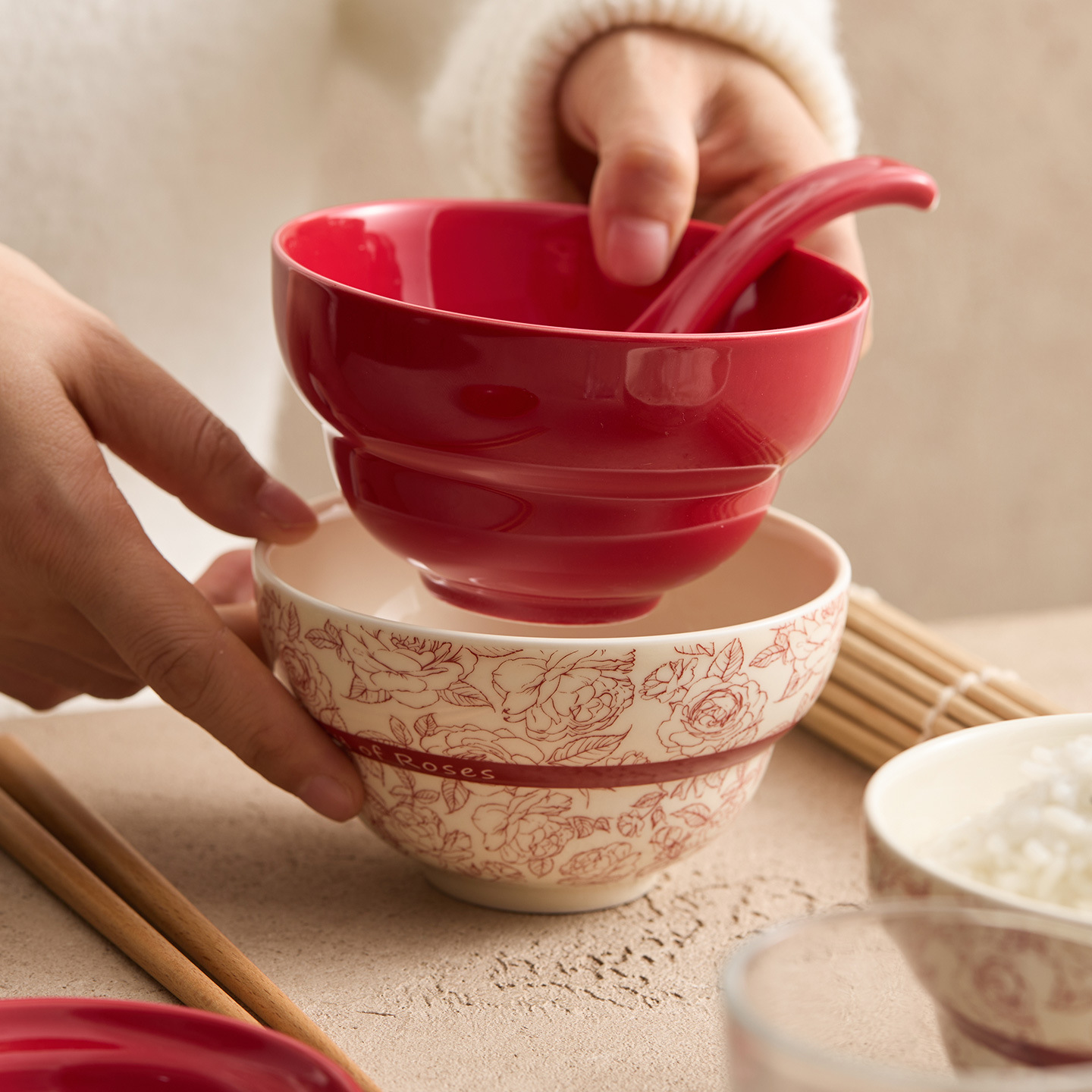 Bát hoa hồng đỏ bát cơm gốm bát cơm cá nhân bát súp gia đình cao cấp bát nhỏ màu men đồ ăn