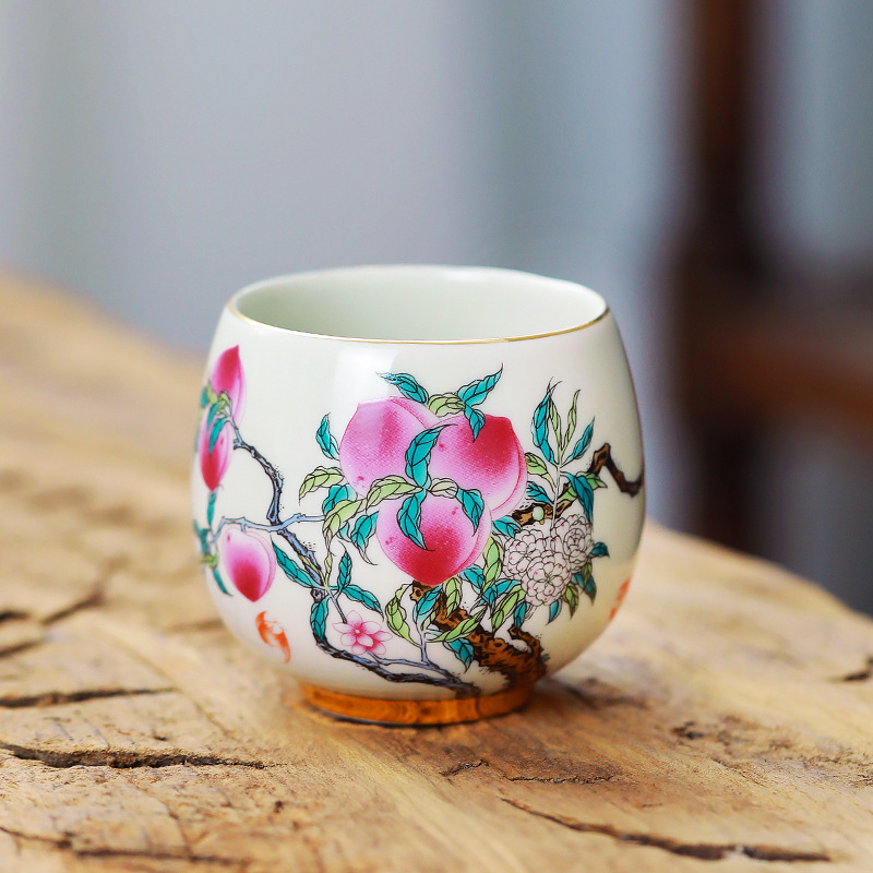 Cốc thiền trong gốm sứ Cửu đào hoa sen lựu anh túc long trứng gia đình quốc triều pha trà chủ cốc