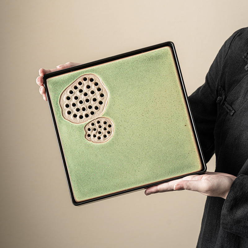 Khay trà cổ điển lò nung khay tròn gia dụng dụng dụng cụ trà Kung Fu kiểu Trung Quốc khay đựng nước khay pha khô gốm sứ bàn trà loại nhỏ