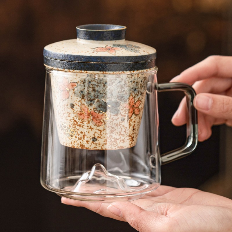 Cốc trà thủy tinh đỏ lục lam trắng, cốc tách nước trà, cốc văn phòng thêu vàng hoa cẩm tú cầu mây, cốc retro cao cấp