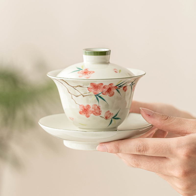 Cốc trà tam tài hoa đào vẽ tay cốc trà bộ trà kungfu cao cấp đồ pha trà gia dụng gốm sứ Trung Quốc bát trà