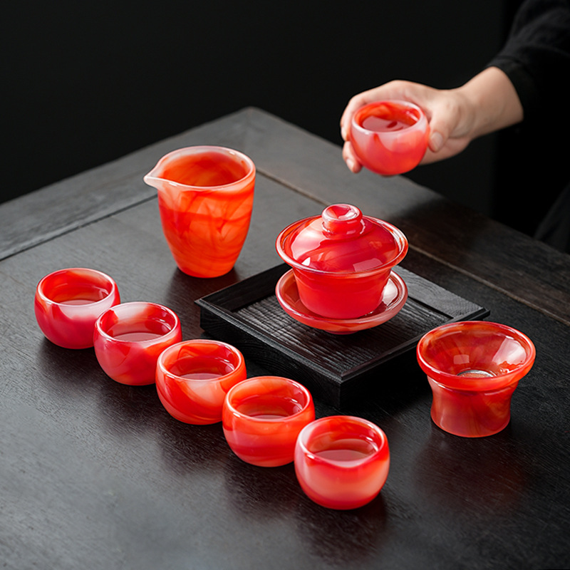 Bộ ấm trà men màu sứ ngọc mã não cao cấp cốc trà Kung Fu có nắp cốc công bằng nhà máy bán buôn hộp quà gia dụng