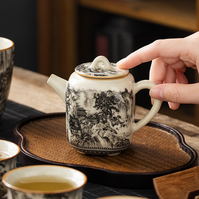 Ấm trà gốm sứ phong cảnh thủy Ruyao ấm trà gia dụng ấm trà mở tấm đơn ấm trà dụng cụ pha trà Kung Fu bán buôn