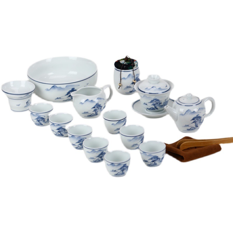 Bộ ấm trà Kung Fu bằng sứ trắng xanh Jingdezhen Bộ ấm trà vẽ tay đơn giản kiểu Trung Quốc có nắp chén trà hộp quà trọn bộ quà tặng