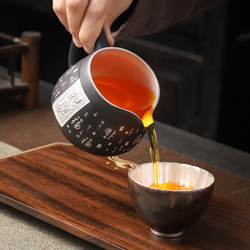 Dụng cụ chia trà cát tím mạ bạc, tách trà, tách trà, tách trà, tách trà, cốc trà cát tím bạc 999, quặng thô, đất sét cũ gia dụng