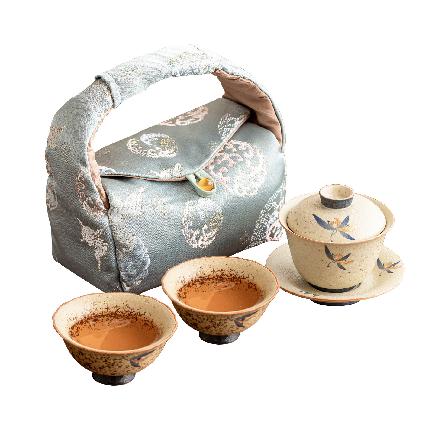 Bộ bát có nắp tam tài màu xanh trắng đá lửa bộ nhỏ bộ trà hoa lan hồ điệp vàng bộ trà công phu cao cấp dùng trong gia đình