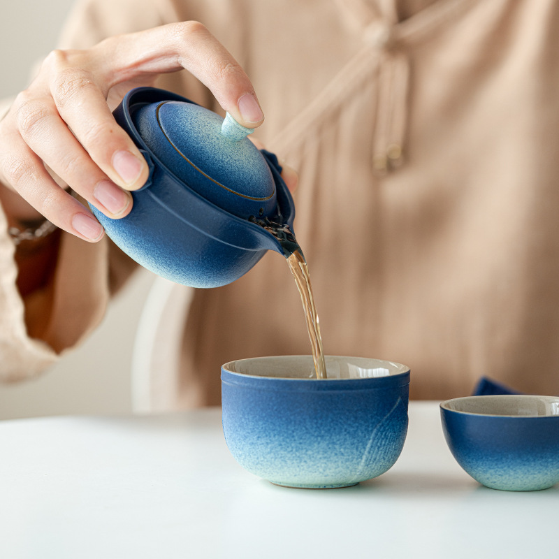 Chpu Outdoor Kuaike Cup Một ấm hai cốc Bộ trà du lịch gốm thô Túi xách tay đựng quà lưu niệm cao cấp