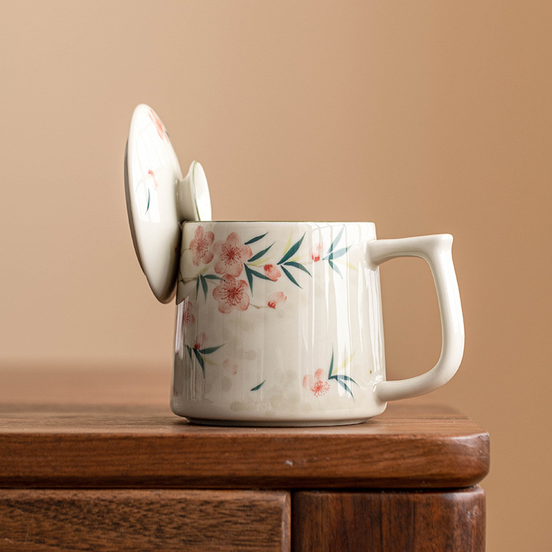 Cốc pha trà gốm sứ gia dụng vẽ tay có nắp cốc pha trà tách trà cốc văn phòng cao cấp tinh tế cốc nước