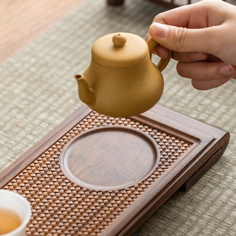 Khay trà nhỏ CuộN tre nặng kiểu Trung Quốc bàn trà Kung Fu hình chữ nhật chiếu tre hoa văn phụ kiện trà đạo pha khô