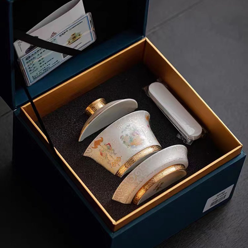 Bát tam tài có nắp bằng bạc, cốc trà sứ cao cấp, bộ trà cổ điển tráng men đầy màu sắc, bát trà, hộp quà đơn