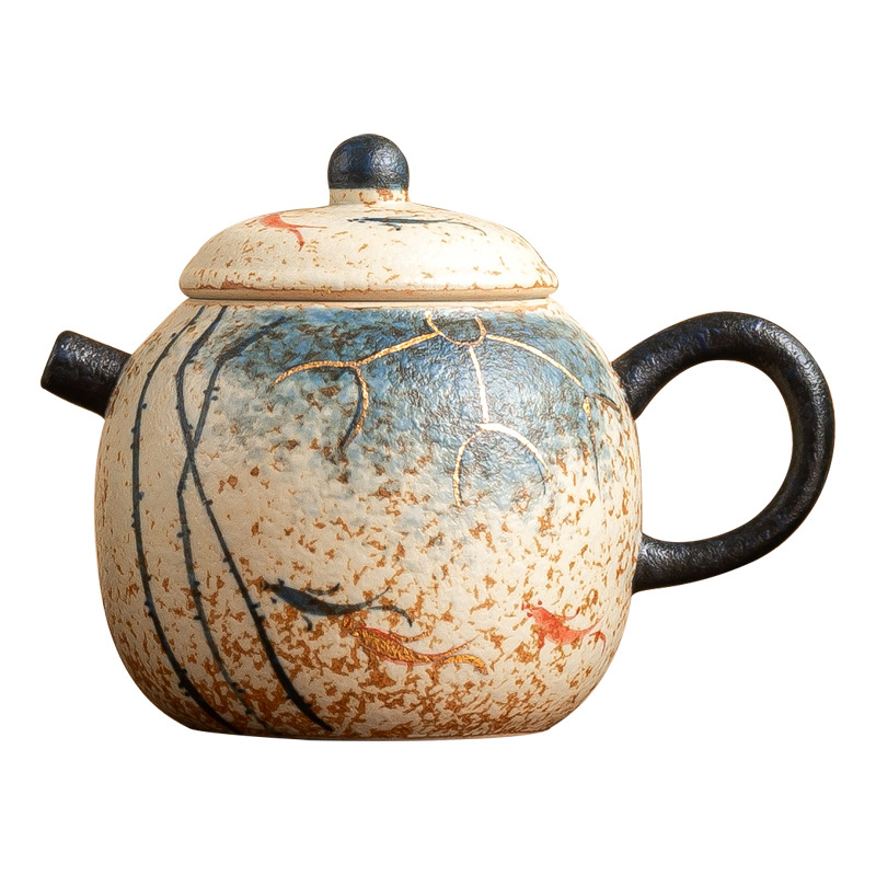 Nhà máy màu xanh và trắng đá lửa đỏ bộ ấm trà lọc trà màu đỏ chạm khắc vàng vẽ tay hoa sen vần Koi quả bóng nhỏ ấm pha trà