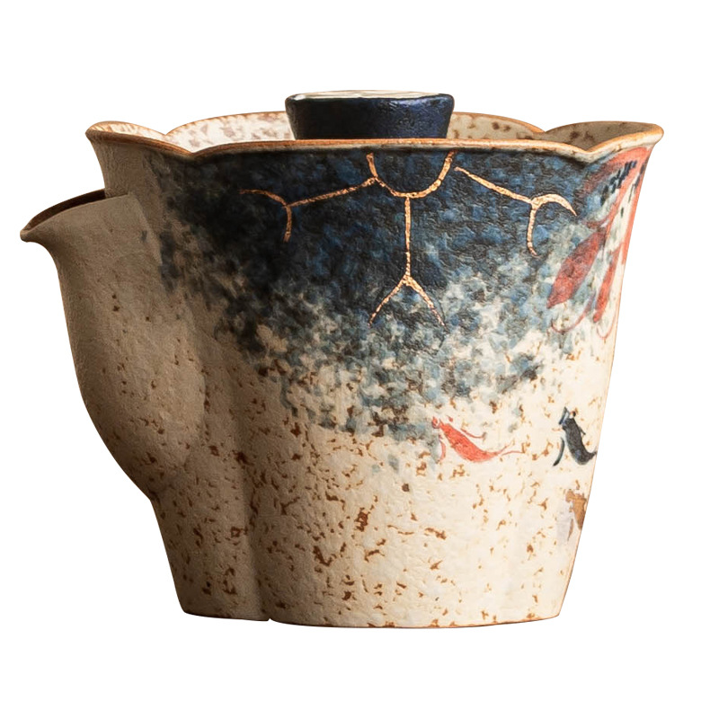 Ấm trà gốm sứ đỏ đá lửa xanh trắng ấm cầm tay miệng hoa cá chép vàng vẽ tay ấm trà đơn trà cổ điển Trung Quốc