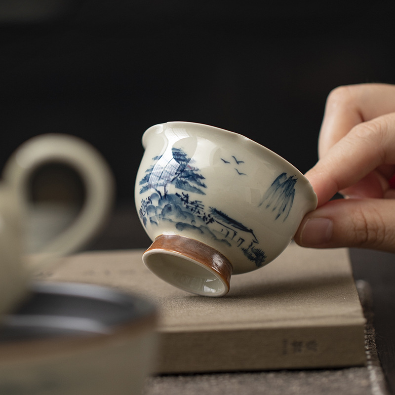 Vẽ tay phong cảnh cỏ tro cốc trà cốc đơn hộ gia đình gốm sứ retro chủ cốc Kung Fu trà trà cốc