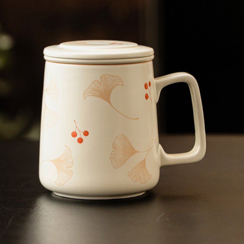 Cốc sứ bạch quả màu be cốc văn phòng cốc nước gốm cốc pha trà cốc tách nước cốc cốc lớn gia dụng có nắp