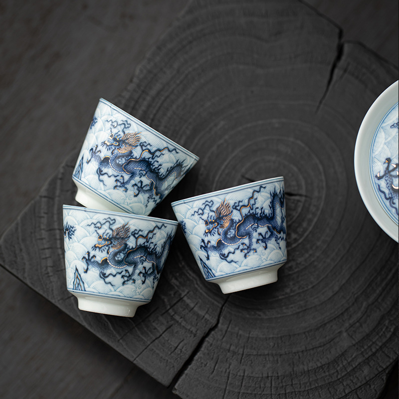 Bộ ấm trà gốm sứ hoa văn rồng sai vàng bạc bộ ấm trà cốc trà có nắp Kung Fu cao cấp kiểu Trung Quốc văn phòng quà tặng