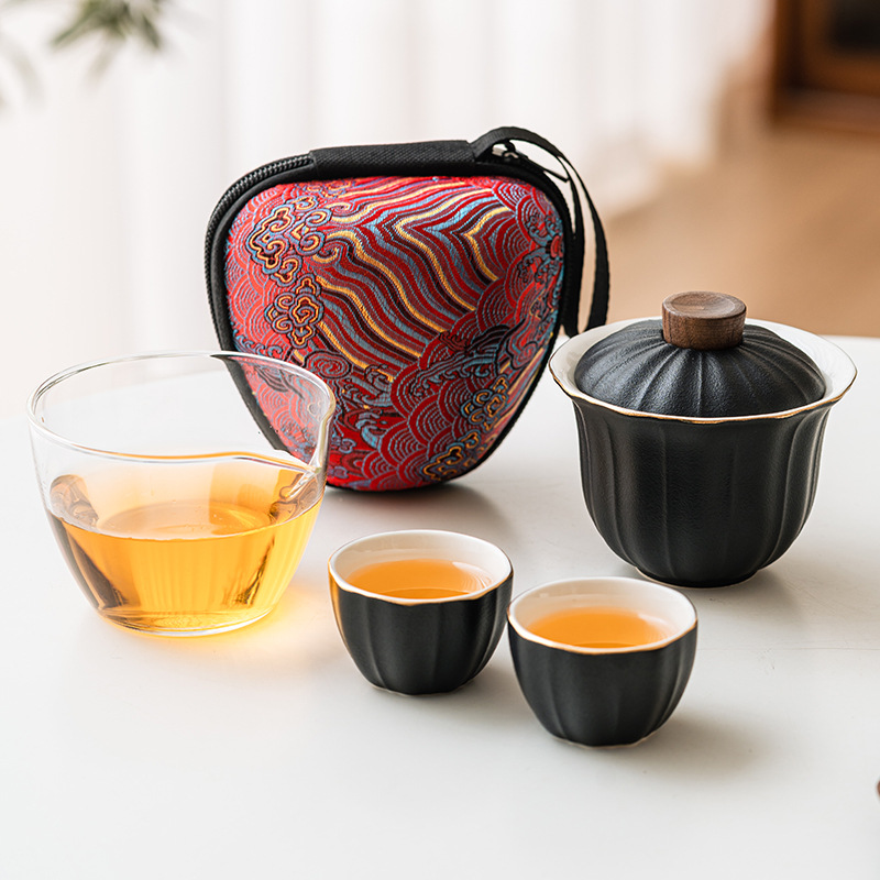 Bộ dụng cụ pha trà Du Lịch Có Nắp đậy bằng tay Bộ dụng cụ pha trà ngoài trời di động một bình Hai cốc gốm sứ LOGO cốc khách nhanh