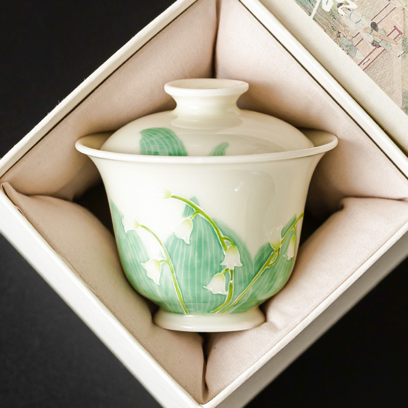 Hàng đống vẽ tay chạm khắc hoa lan thung lũng bát nắp nhị tài cốc trà bát trà gốm sứ gia dụng bát trà Kung Fu cỡ lớn có nắp chống bỏng