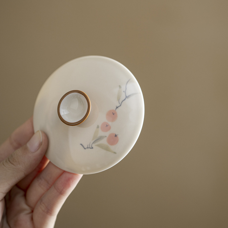 Bát có nắp tam tài vẽ tay Đồ pha trà hồng tráng men màu cổ điển Bộ trà Kung Fu cao cấp chống bỏng gia dụng Bát trà gốm sứ