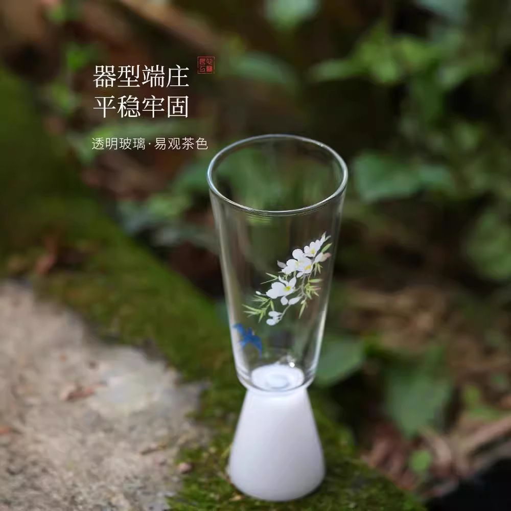 Cốc Trà Hoa Mộc Lan chân cao cốc thủy tinh chịu nhiệt cao gia dụng cốc chủ nhân chống bỏng cốc trà cao cấp Trung Quốc thủ công