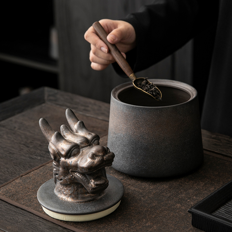 Hộp trà đầu thú 12 cung hoàng đạo, hộp gốm kín, hộp trà chống ẩm cỡ lớn cao cấp cổ điển, hộp bảo quản