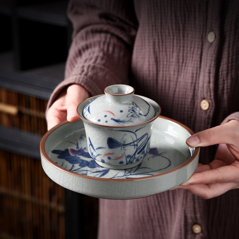 Gaiwan đất sét cổ được vẽ bằng tay với hoa văn nứt băng, gaiwan ba tài bằng gốm, không nóng khi chạm vào, bát trà cổ điển gia dụng, bộ trà kung fu.
