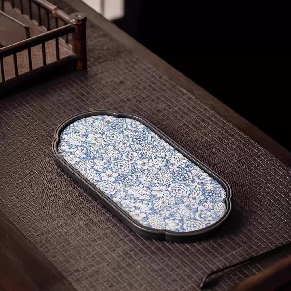 Khay trà kiểu Trung Quốc cổ điển Bộ trà Kungfu phòng khách khay trà gốm sứ xanh trắng lót ấm trà Thiền bàn pha trà khô Cỡ Nhỏ