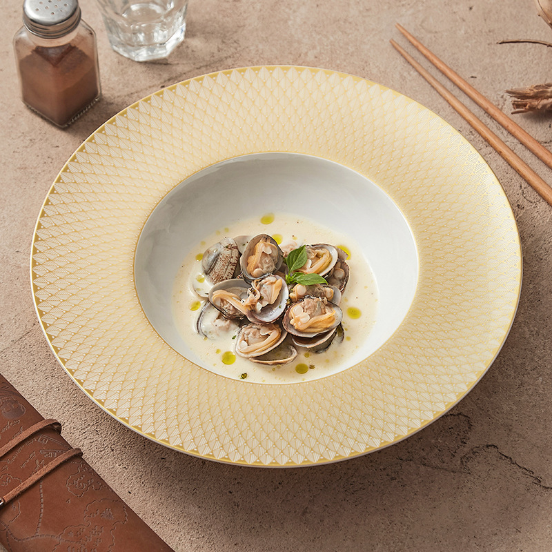 Đĩa mũ rơm gốm vàng vàng Renaissance Đĩa súp dày Đĩa mì Ý cao cấp sang trọng nhẹ nhàng Đĩa ăn kiểu phương Tây Đĩa món ăn gia dụng Đĩa salad